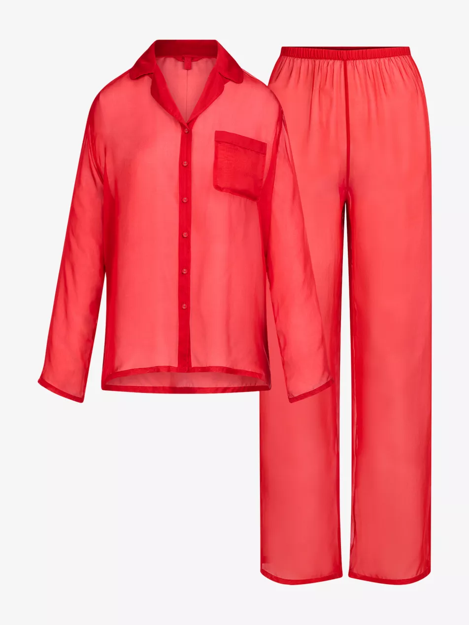Skims Red Sheer Silk Button-Up Pyjama Shirt Top + Bottoms Set