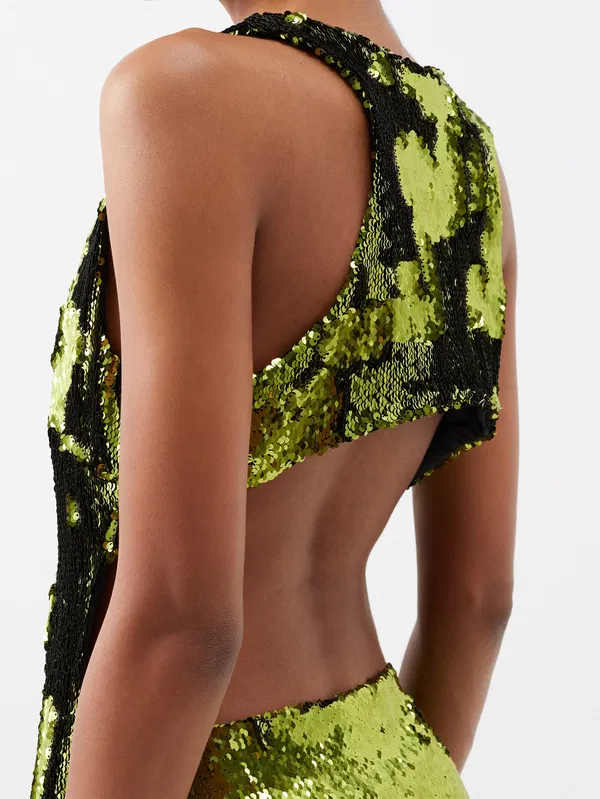 Marques Almeida Green Cutout-Back Sequinned Party Crop Top