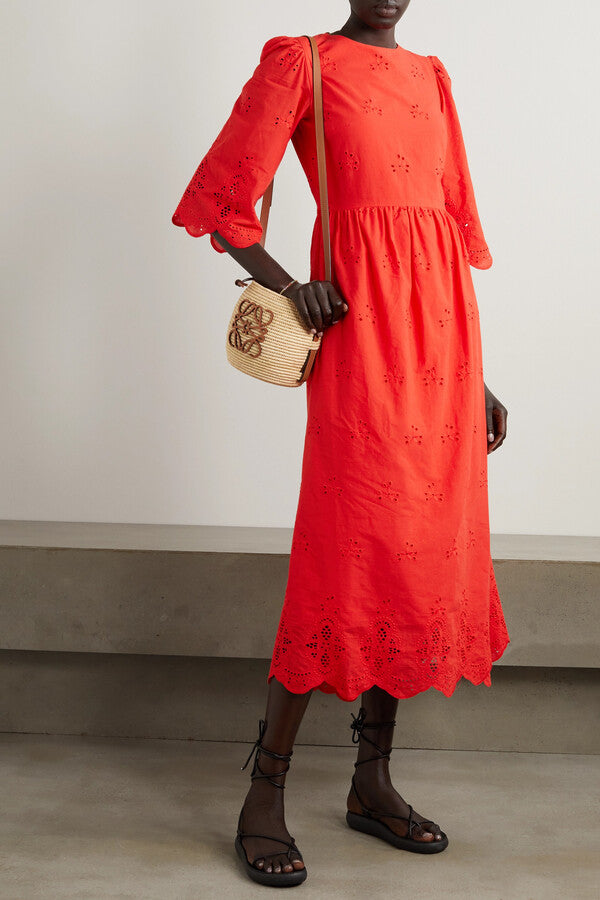 Borgo De Nor Red Carla Broderie Anglaise Cotton Maxi Dress