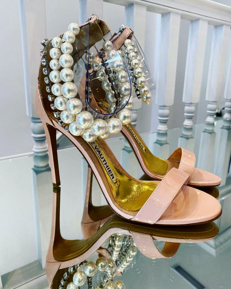 Alexandre Vauthier Pearl Crystal Ankle Strap Pink Sandal High Heels - House Of Huntington