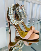 Alexandre Vauthier Pearl Crystal Ankle Strap Pink Sandal High Heels - House Of Huntington