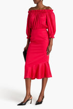 Saloni Grace Off The Shoulder Silk Satin Jacquard Midi Dress