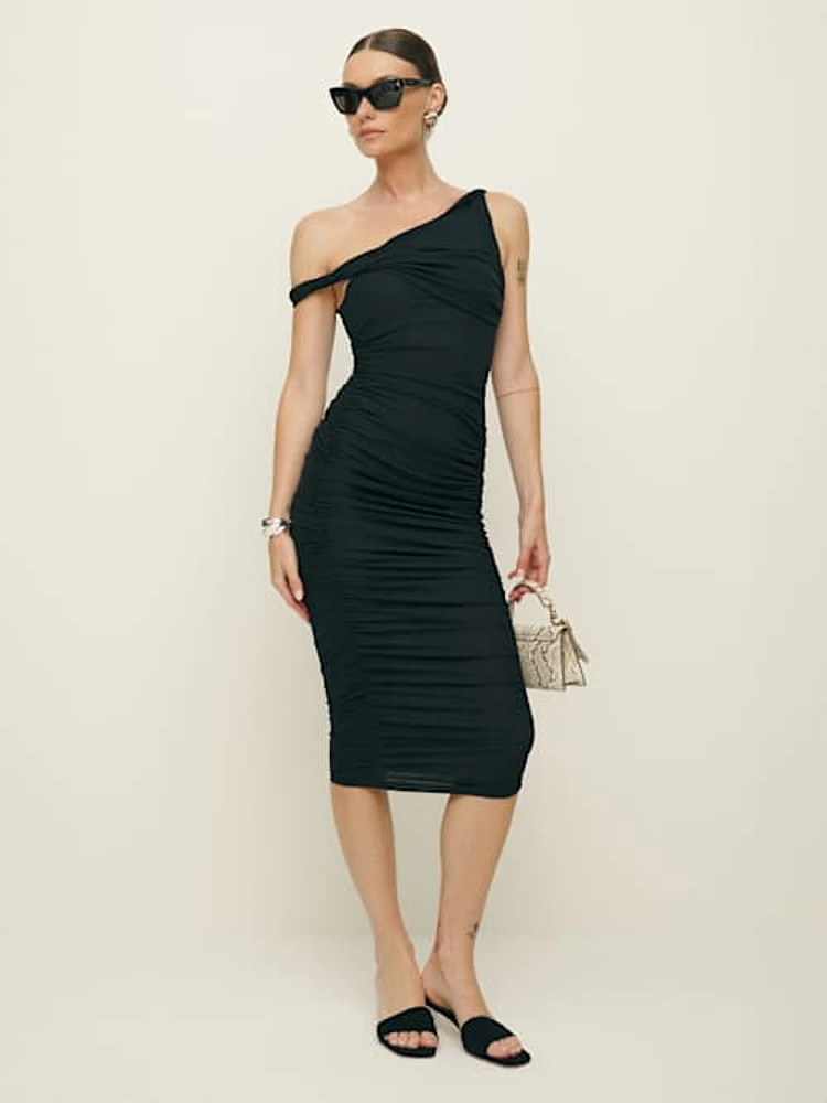 Reformation x Laura Harrier Alycia Black Knit Ruched Off Shoulder Midi Dress
