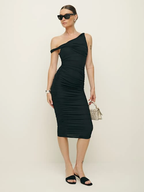 Reformation x Laura Harrier Alycia Black Knit Ruched Off Shoulder Midi Dress