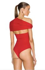 MAXIMILIAN DAVIS Red Disco Draped Jersey Bodysuit - House Of Huntington