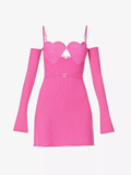MACH & MACH Love Heart Crystal Detail Pink Knit Off Shoulder Party P21 Mini Dress - House Of Huntington