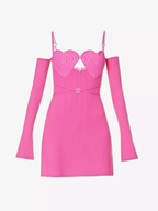 MACH & MACH Love Heart Crystal Detail Pink Knit Off Shoulder Party P21 Mini Dress - House Of Huntington