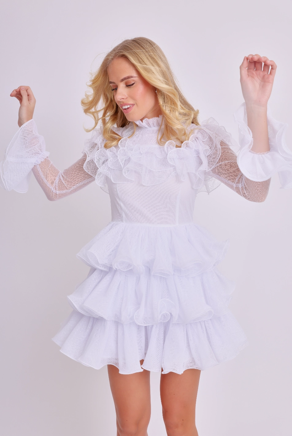 Amy Jane London White Long Sleeve Ruffle Tiered Detail Flared Evalina Mini Dress - House Of Huntington