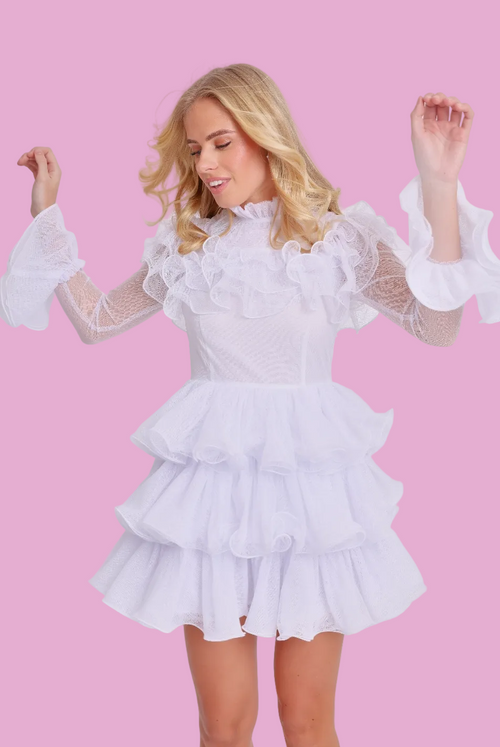 Amy Jane London White Long Sleeve Ruffle Tiered Detail Flared Evalina Mini Dress - House Of Huntington