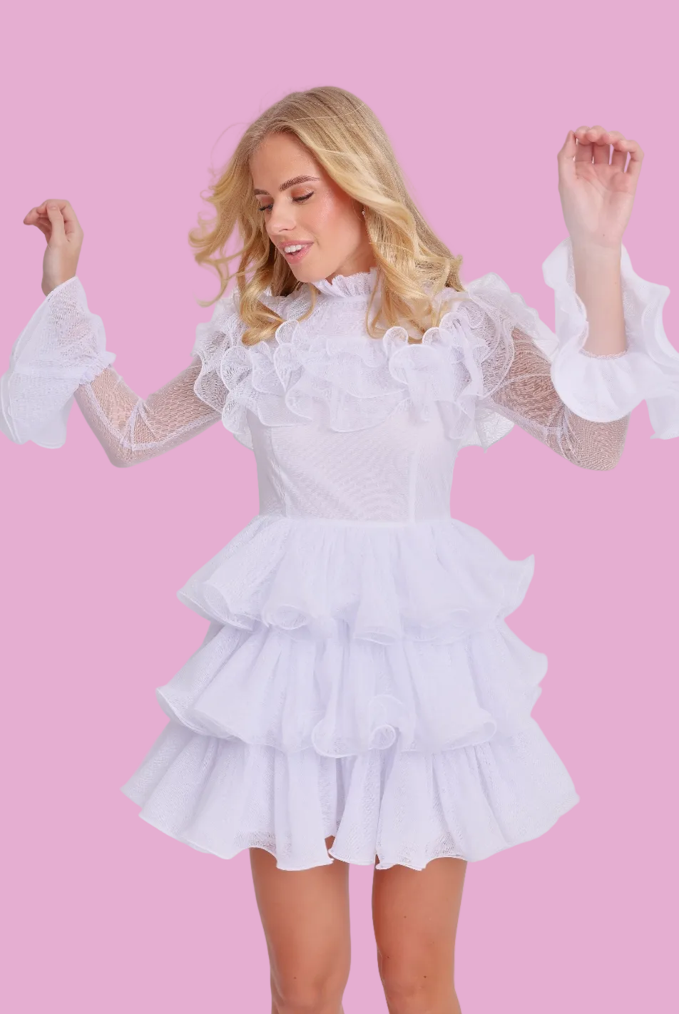 Amy Jane London White Long Sleeve Ruffle Tiered Detail Flared Evalina Mini Dress - House Of Huntington
