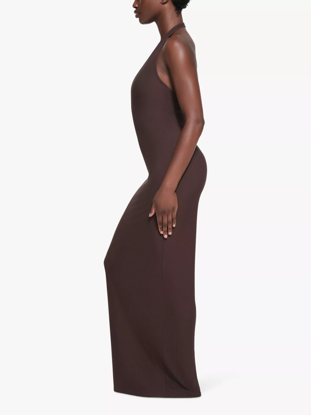 Skims Brown Ribbed Knit Stretch Woven Halterneck Maxi Dress