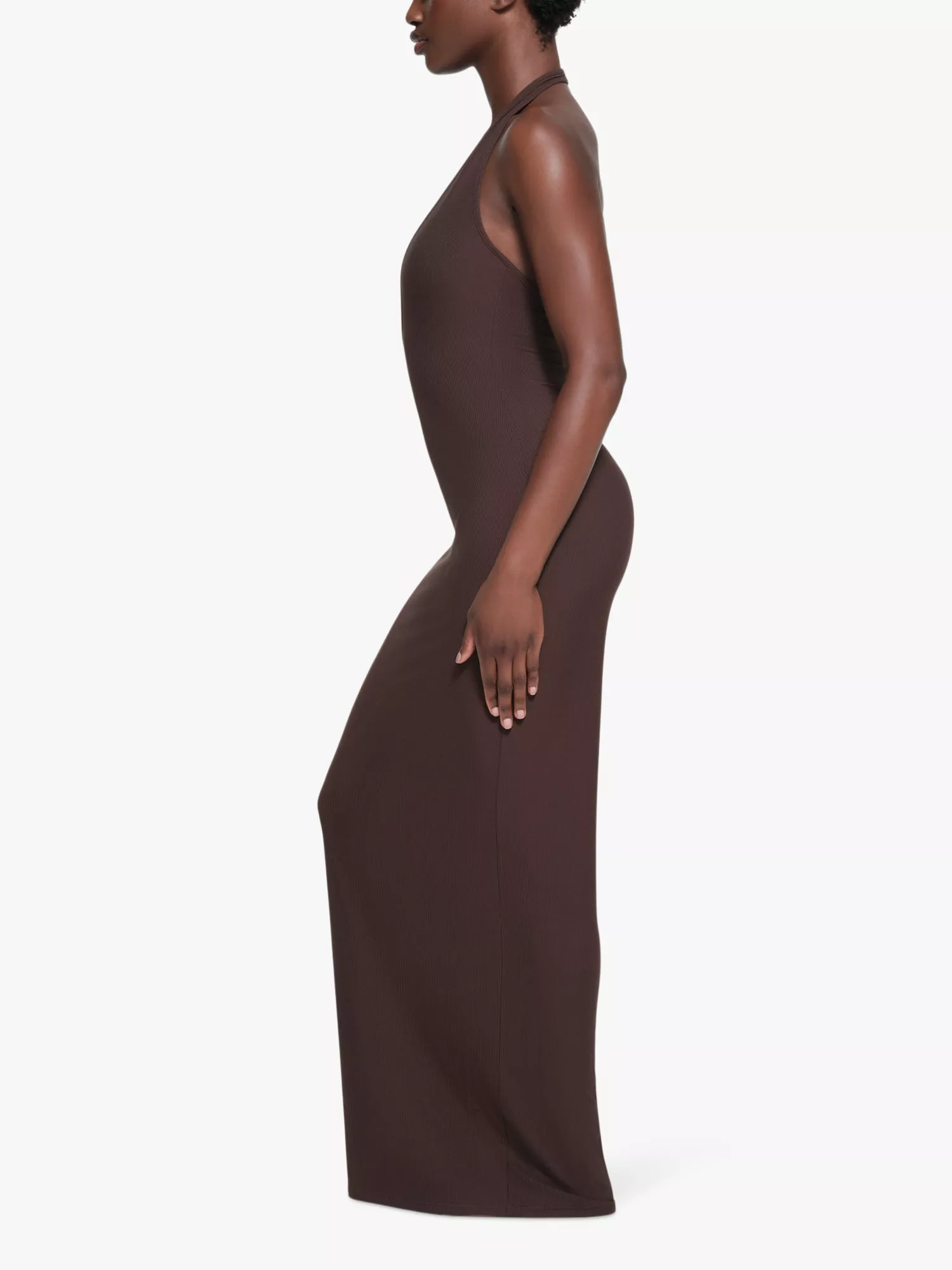 Skims Brown Ribbed Knit Stretch Woven Halterneck Maxi Dress