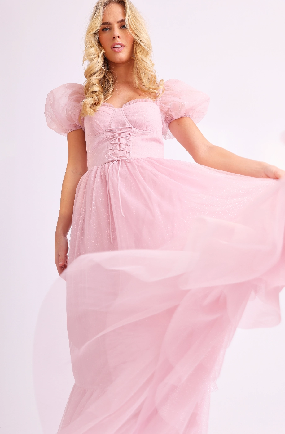 Amy Jane London Pink Tiffany Corset Bodice Sparkly Tulle Puff Sleeve Sweetheart Neck Maxi Gown - House Of Huntington