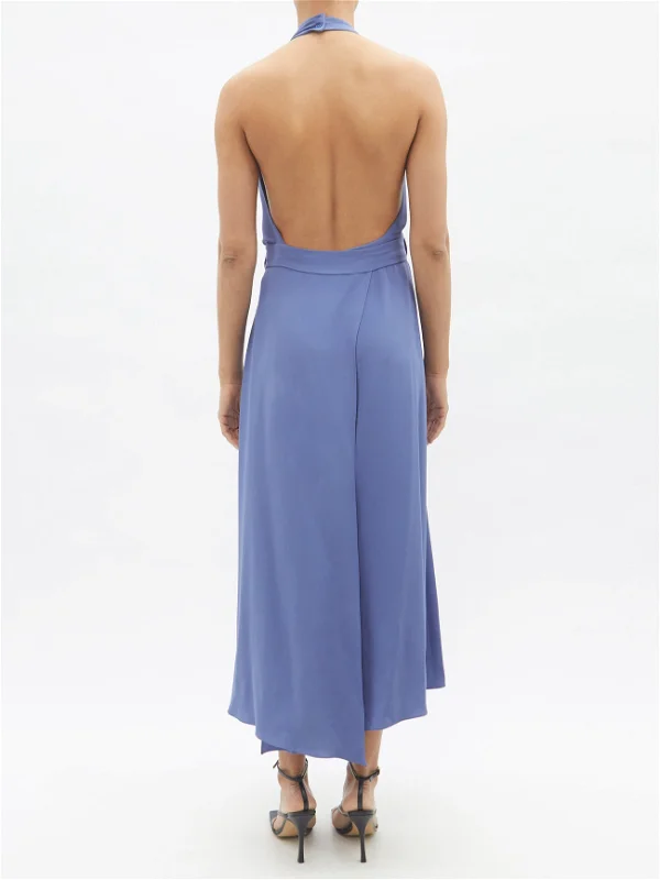 RAEY Blue Halterneck Draped-Front Wraparound Silk Dress - House Of Huntington