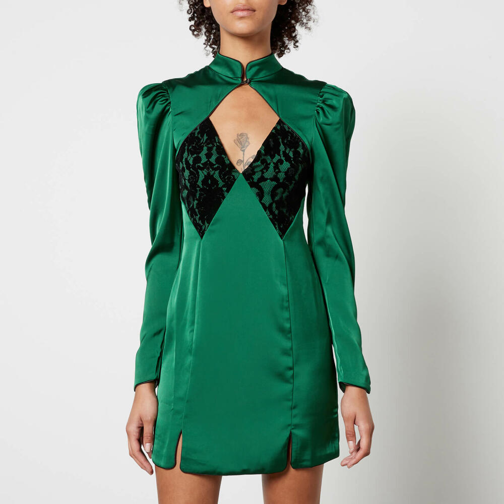 De La Vali Green Satin Lace Detail Open Front Mandarin Collar Mini Dress