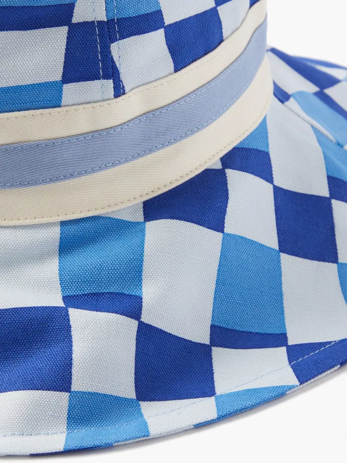 Marni Blue Logo-Embroidered Checked-Canvas Bucket Hat