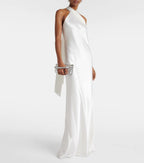 Galvan Silver Satin Pandora Halterneck Sash Detail Gown