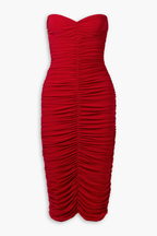 Norma Kamali Red Slinky Gathered Ruched Sweetheart Neck Strapless Dress