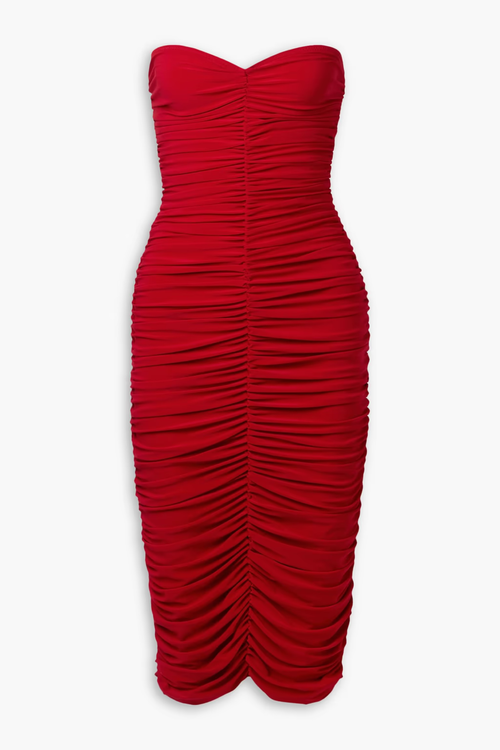 Norma Kamali Red Slinky Gathered Ruched Sweetheart Neck Strapless Dres –  House Of Huntington