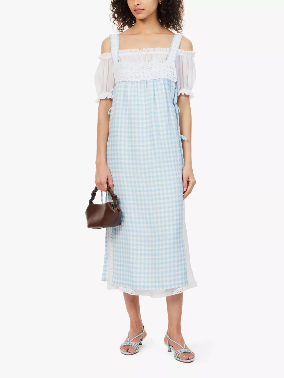Sleeper Greta Gingham Blue White Pattern Linen Midi Dress