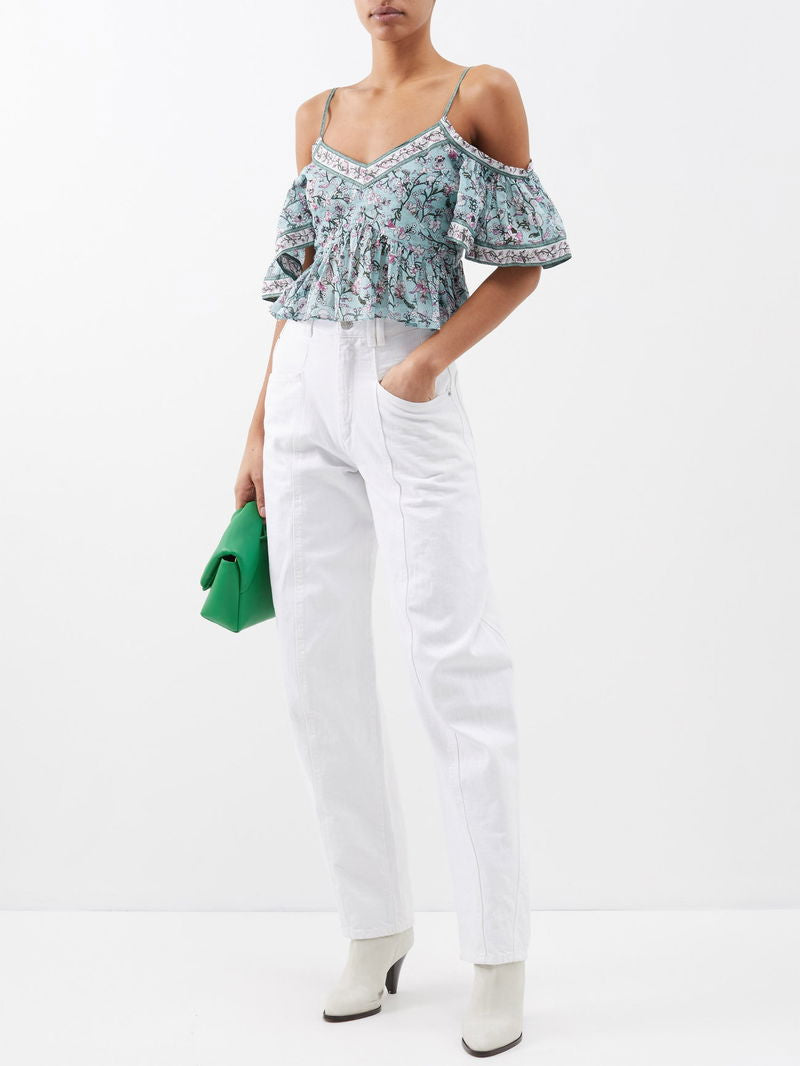 Haut à épaules dénudées en coton bleu fleuri Garuva d'Isabel Marant Étoile