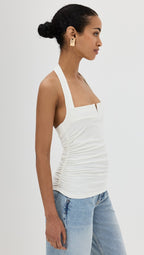 Reformation Arwen White Knit Halterneck Ruched Side Top