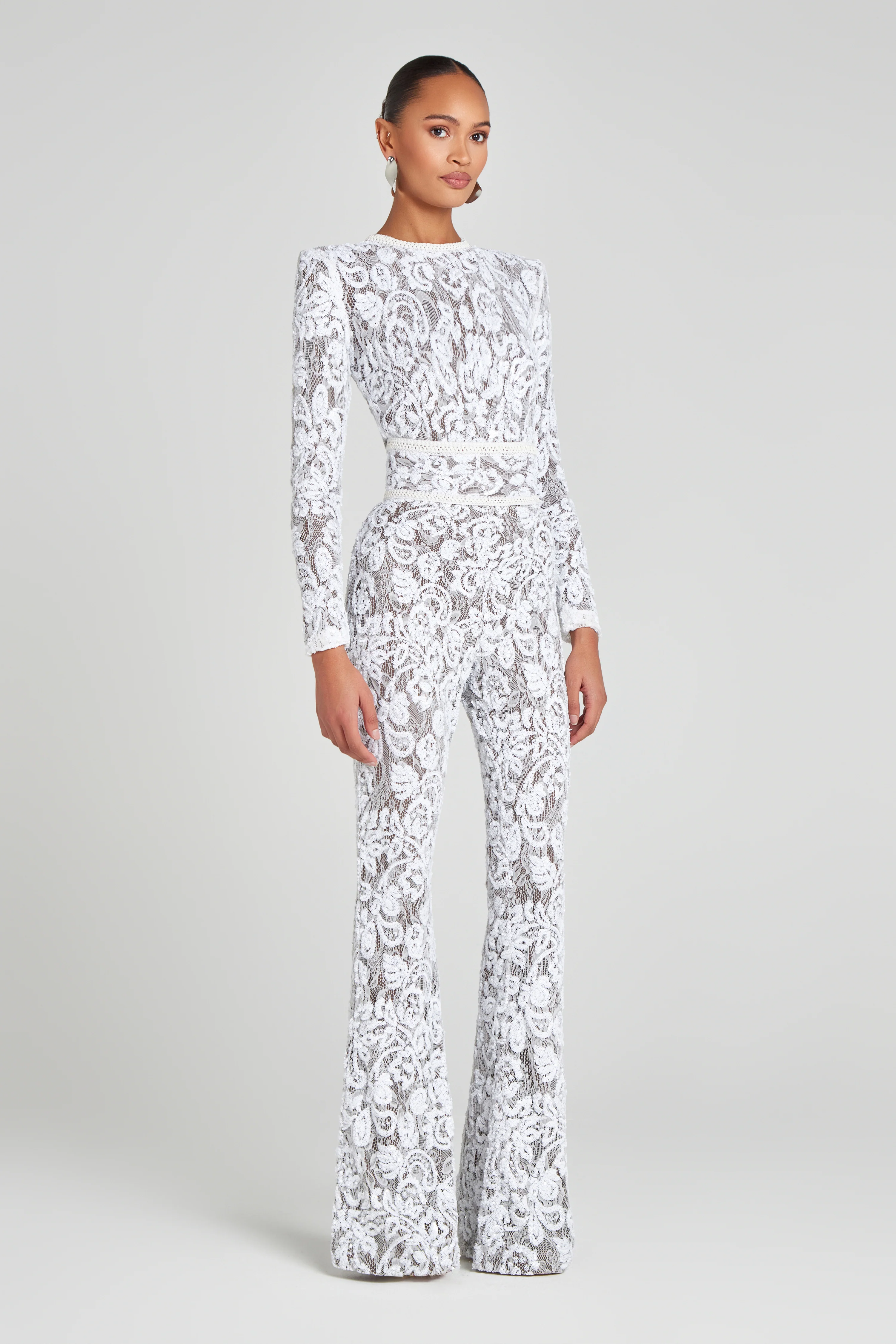 NADINE MERABI White Lace Sequinned Jumpsuit lengan panjang