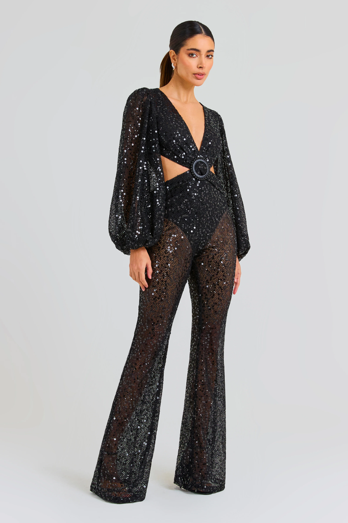 NADINE MERABI Black Madison Sequinned Netted Embellished Detail Cut-Out Jumpsuit - House Of Huntington