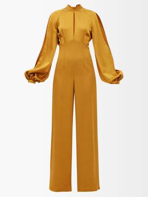 TALLER MARMO Huston Backless Balloon-Sleeve Crepe Yellow Gold Jumpsuit - House Of Huntington