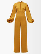 TALLER MARMO Huston Backless Balloon-Sleeve Crepe Yellow Gold Jumpsuit - House Of Huntington