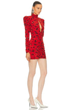 Alessandra Rich Red Floral Rose Print Silk High Neck Keyhole Front Mini Dress