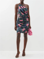 AHLUWALIA Patel One-Shoulder Draped Navy Pink Check Printed Satin Top - House Of Huntington