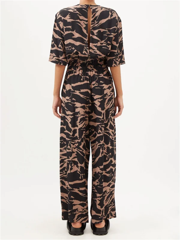 RAEY Camo-Tiger Print Silk Cinched Elastic Waist Wide-Leg Jumpsuit - House Of Huntington