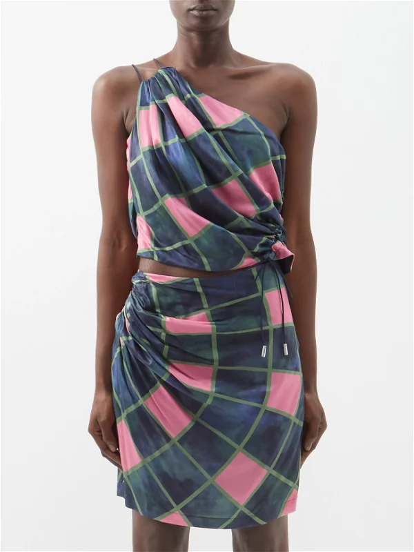 AHLUWALIA Patel One-Shoulder Draped Navy Pink Check Printed Satin Top - House Of Huntington