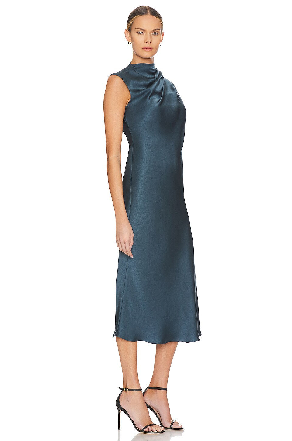 Anine Bing Samantha Draped Mock Neck Silk Satin Steel Blue Midi Dress