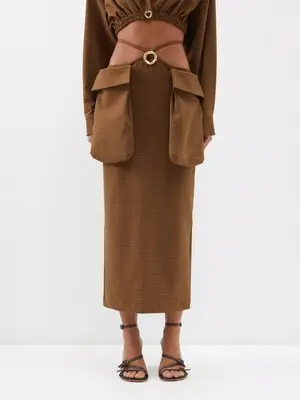Wool Blend Checked Cargo Midi Skirt