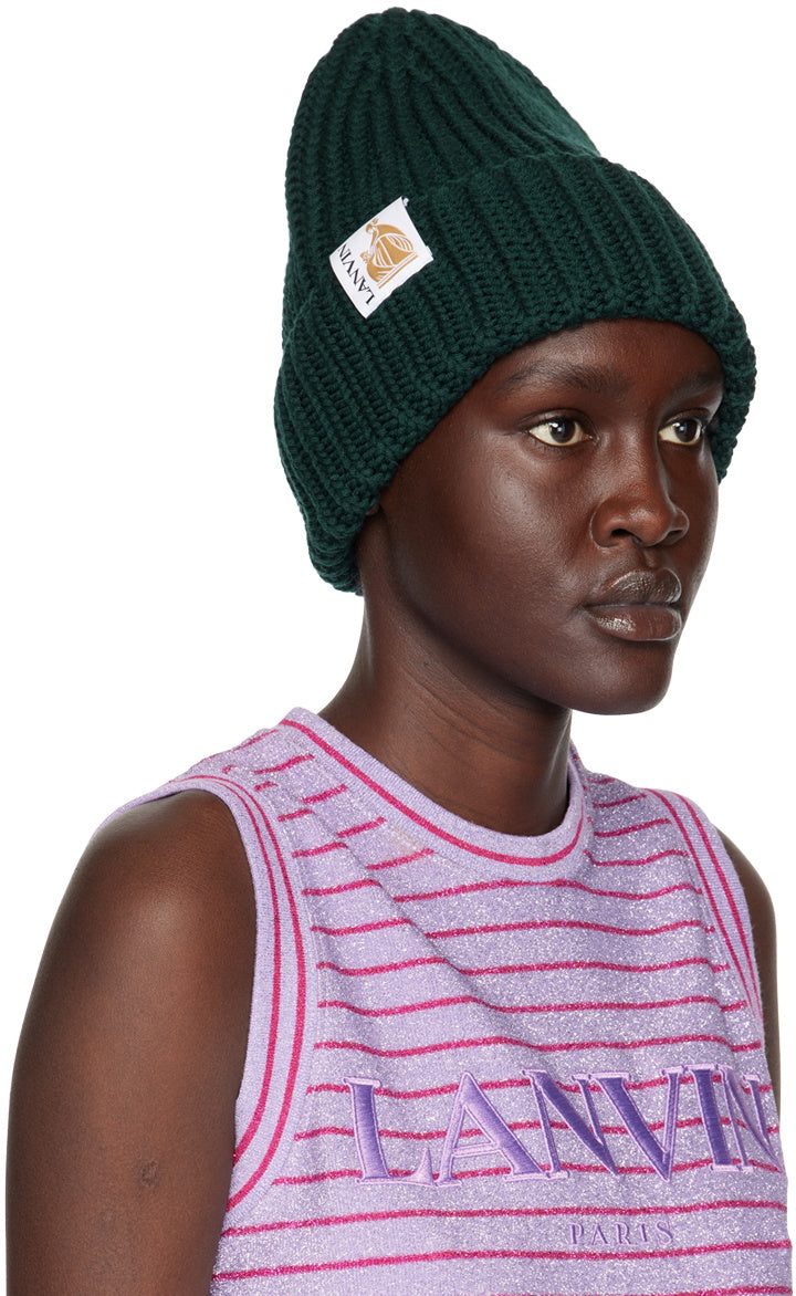 Lanvin Green Logo Tab Ribbed Knit Wool Beanie Hat