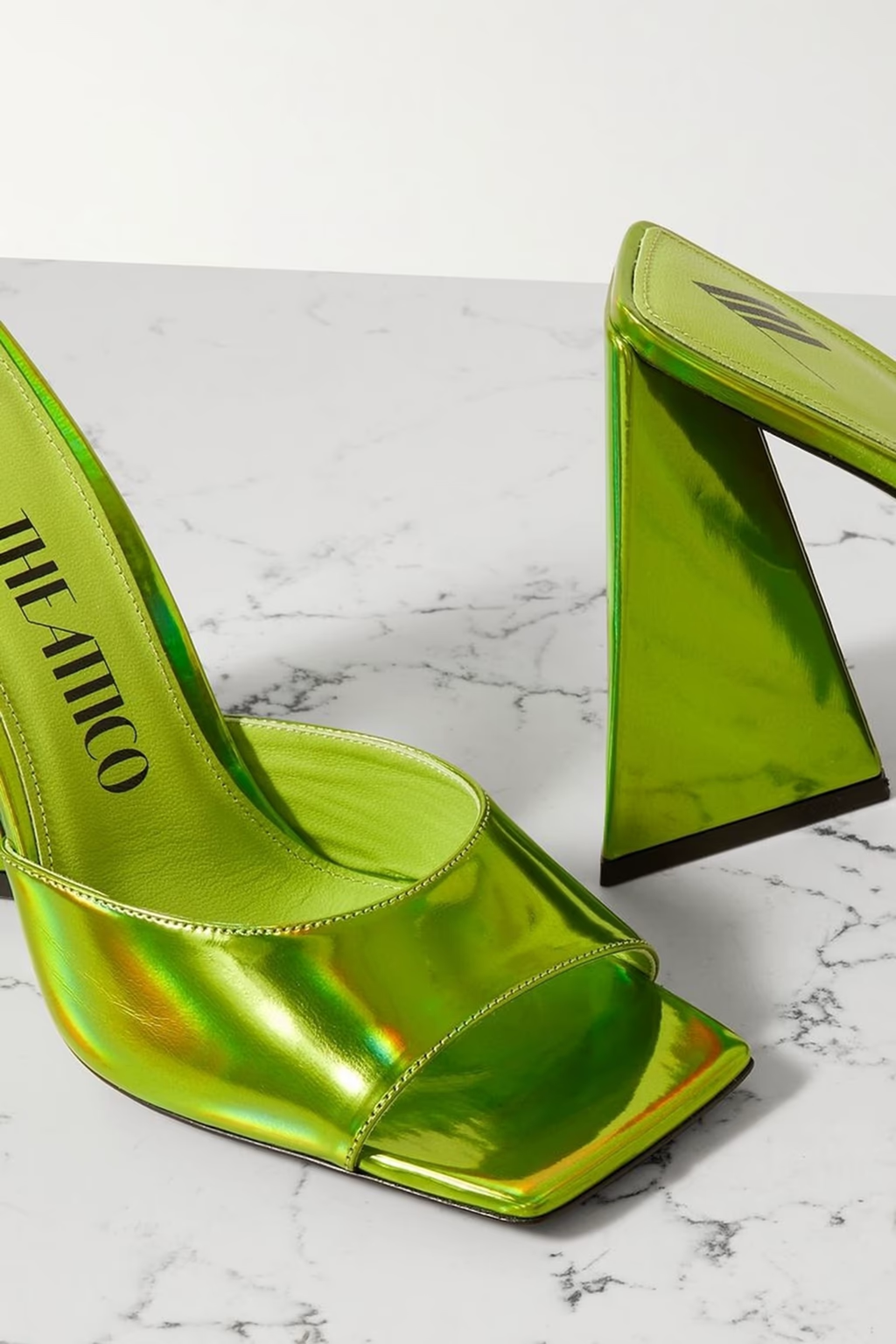 The Attico Devon Iridescent Lime Green High Heel Mules (EX-DISPLAY)