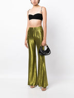 Galvan Olive Green Nuage Shiny Metallic Pleated Flared Trousers