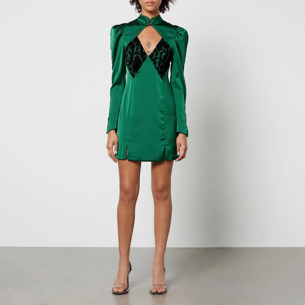 De La Vali Green Satin Lace Detail Open Front Mandarin Collar Mini Dress
