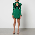 De La Vali Green Satin Lace Detail Open Front Mandarin Collar Mini Dress