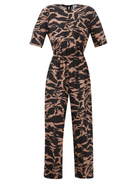 RAEY Camo-Tiger Print Silk Cinched Elastic Waist Wide-Leg Jumpsuit - House Of Huntington