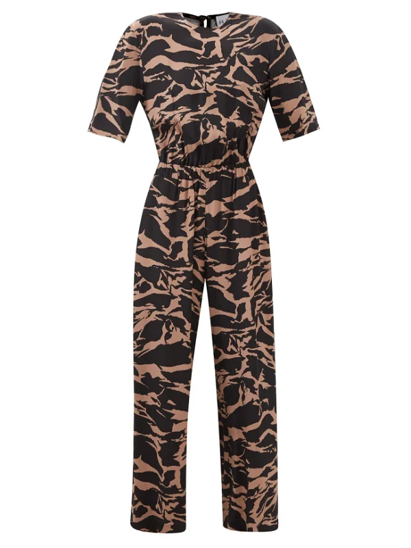 RAEY Camo-Tiger Print Silk Cinched Elastic Waist Wide-Leg Jumpsuit - House Of Huntington