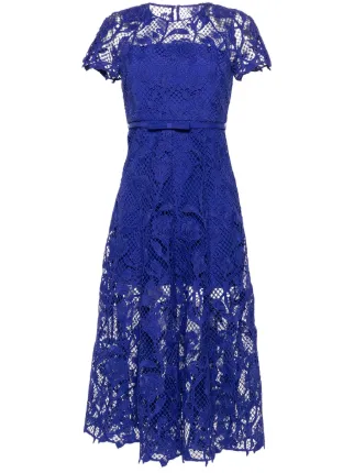 Self-Portrait Cobalt Blue Lace Belted Midi Dress