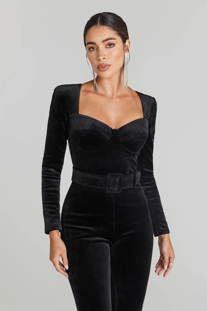 NADINE MERABI Black Natalia Velvet Corseted Sweeheart Neck Jumpsuit - House Of Huntington