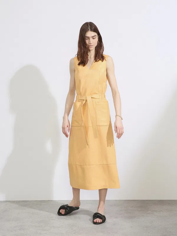 RAEY Tie-Waist Leather Tunic Yellow Dress - House Of Huntington