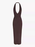 Skims Brown Ribbed Knit Stretch Woven Halterneck Maxi Dress