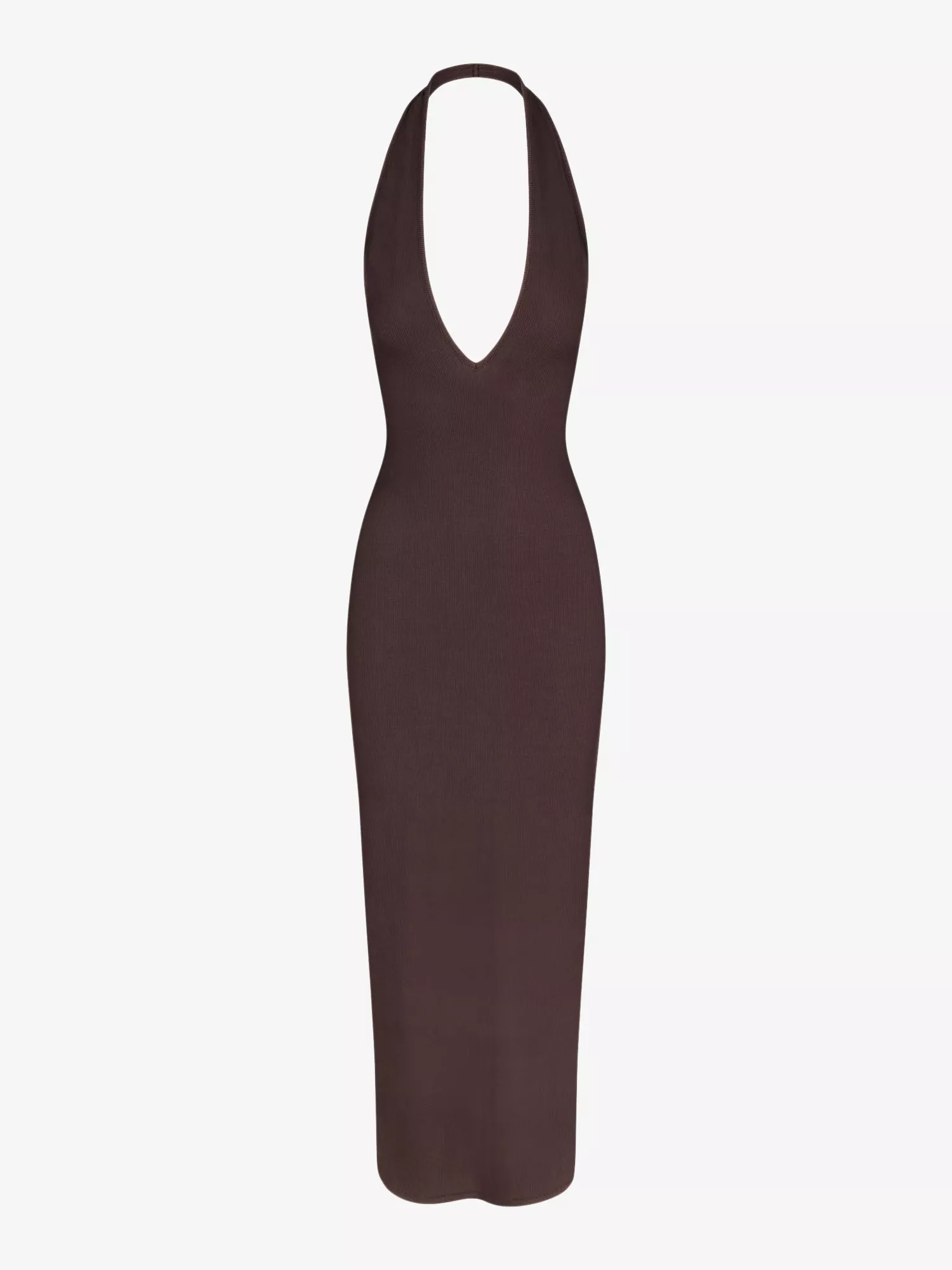 Skims Brown Ribbed Knit Stretch Woven Halterneck Maxi Dress