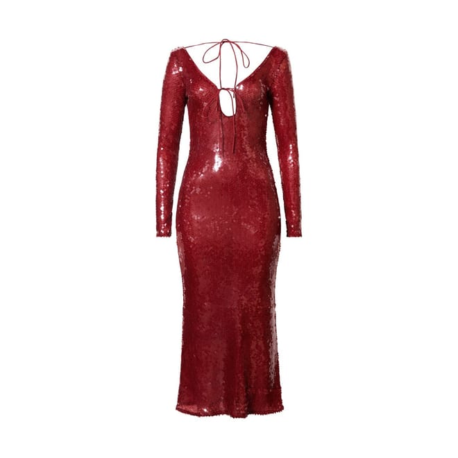 Robe midi rouge à sequins Bardot, bretelles et dos nu