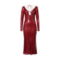 Robe midi rouge à sequins Bardot, bretelles et dos nu